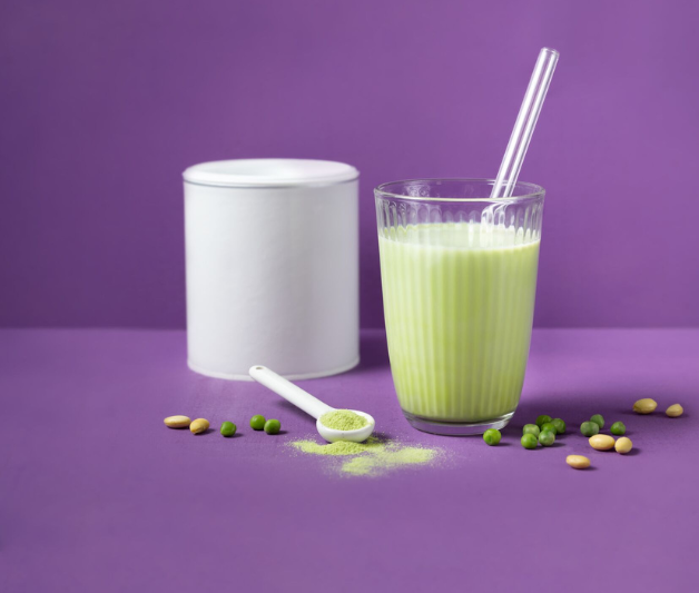 Veganer, grüner Proteinshake im Glas mit Strohhalm und Erbsen